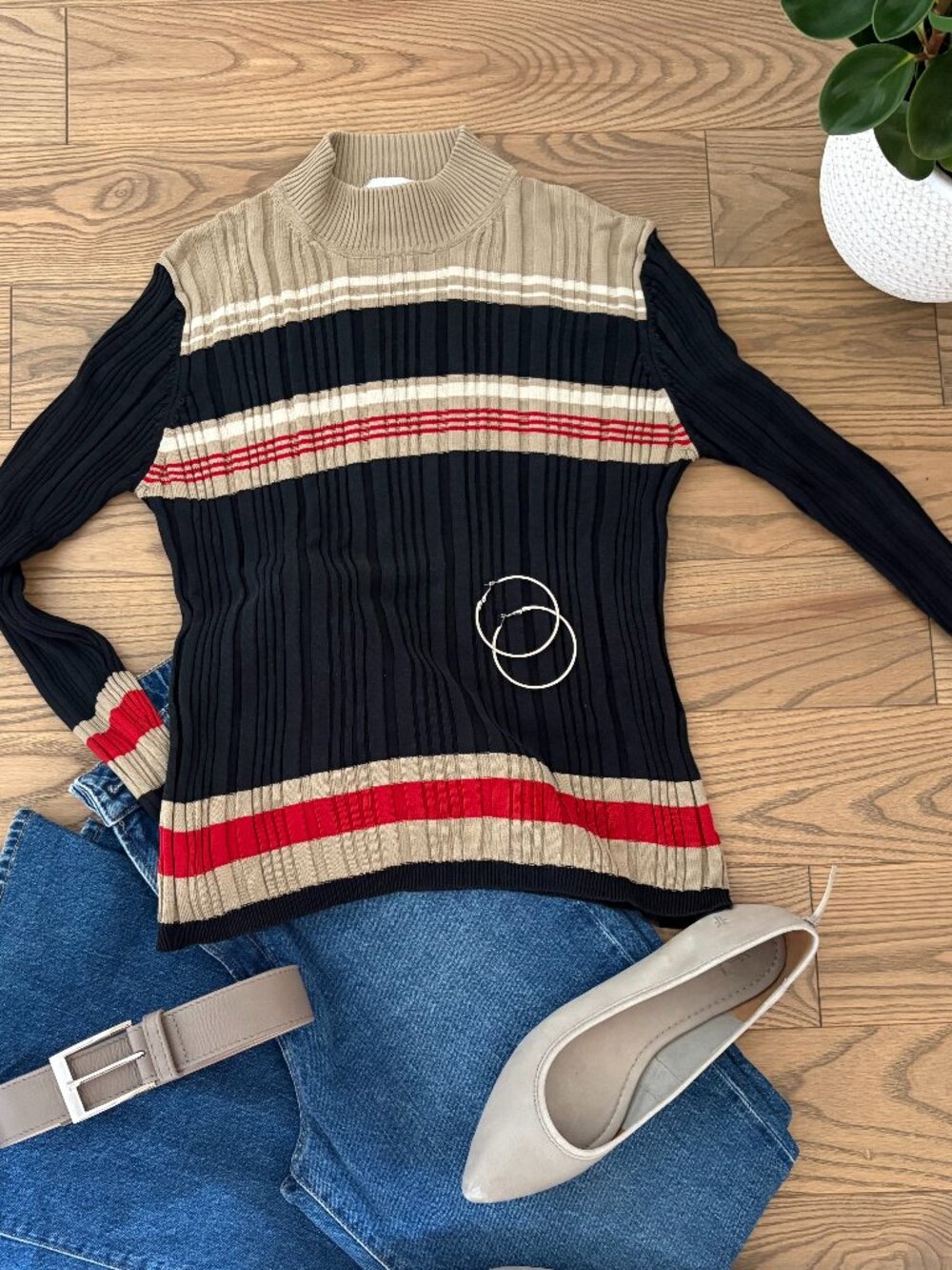 KATHERINE KELLY Silk Striped Mock Neck Ribbed Sweater, Navy, Beige and Red